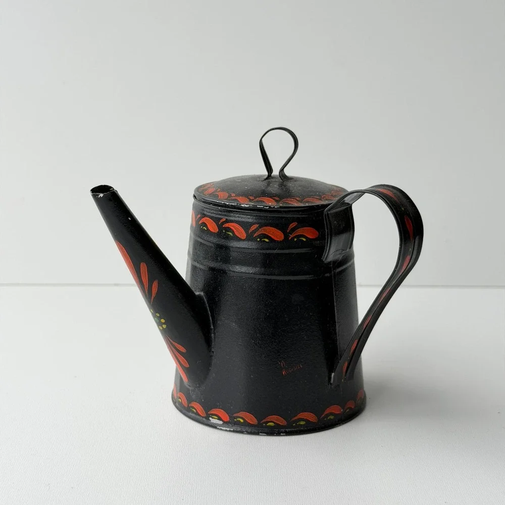 Vintage Toleware Coffee Pot Pitcher Black Folk Art Floral Heart Farmhouse Rustic